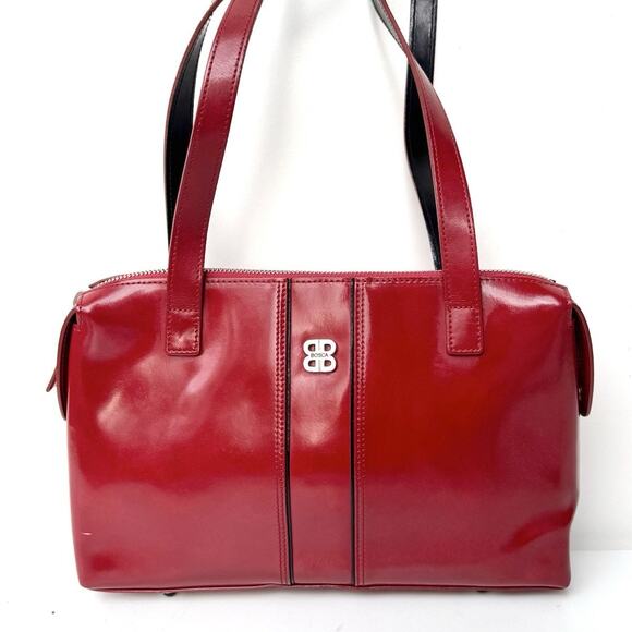 Vintage BOSCA Red Leather Shoulder Bag Made in Italy | Glossy Y2K Satchel Purse - Picture 1 of 16